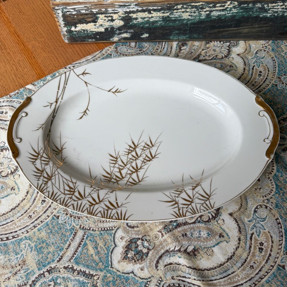 Japan Porcelain Oval Platter Hand Painted Vintage Gold Bamboo 14 Inch